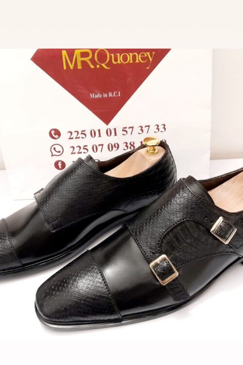 Richelieu Homme à Double Boucle en Cuir Noir, Boa et Croco Exotique – Fabrication Artisanale